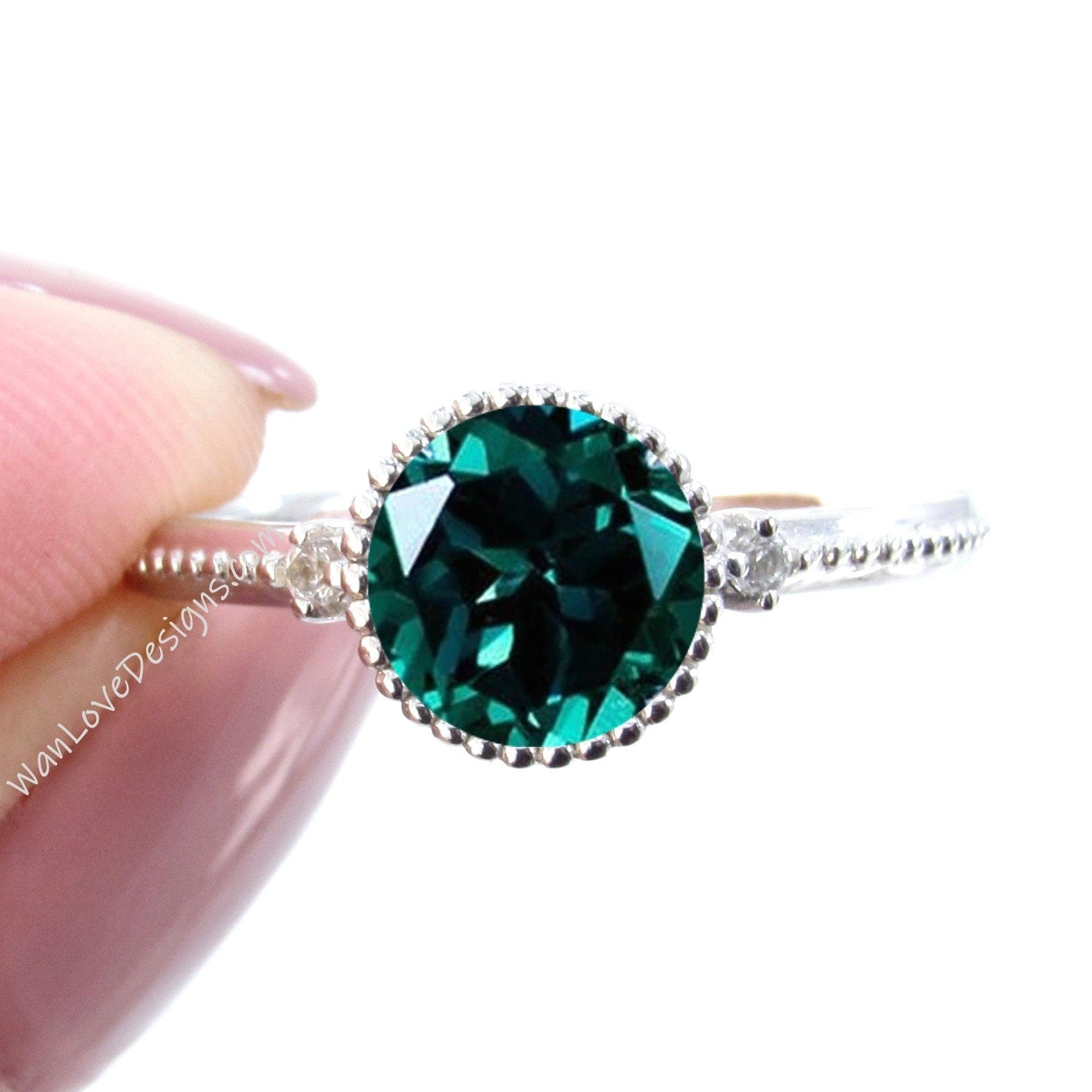 Emerald Round Diamond Ring, Round Cut Emerald Ring in Milgrain Bezel Setting, 3 Gem Stone Round Engagement Ring Wan Love Designs