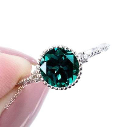 Emerald Round Diamond Ring, Round Cut Emerald Ring in Milgrain Bezel Setting, 3 Gem Stone Round Engagement Ring Wan Love Designs