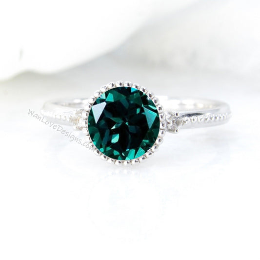 Emerald Round Diamond Ring, Round Cut Emerald Ring in Milgrain Bezel Setting, 3 Gem Stone Round Engagement Ring Wan Love Designs