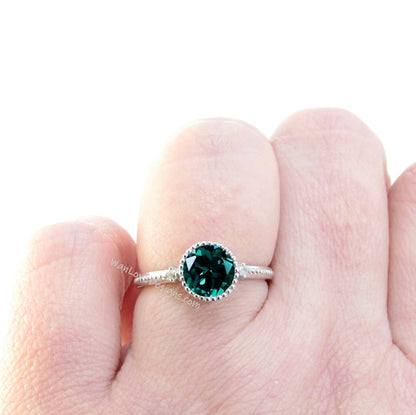 Emerald Round Diamond Ring, Round Cut Emerald Ring in Milgrain Bezel Setting, 3 Gem Stone Round Engagement Ring Wan Love Designs