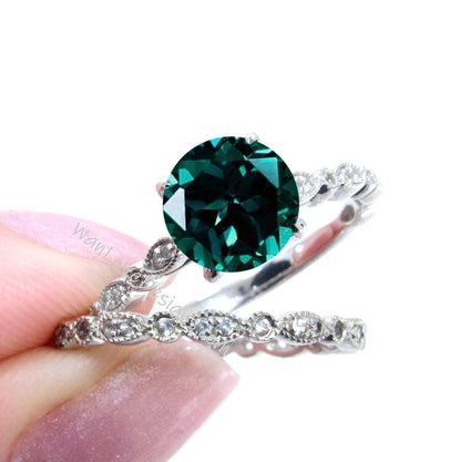 Emerald Round Diamonds WITH Milgrain Wedding Set Rings Rings, 14kt Solid Rose Gold, WanLoveDesigns Wan Love Designs