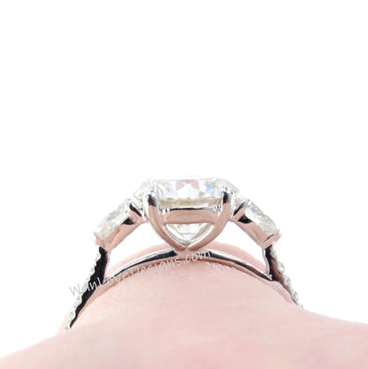 Emerald Round Pear Diamond Ring, Three Stone Moissanite Ring, Round green engagement Ring, Diamond Band Ring Wan Love Designs