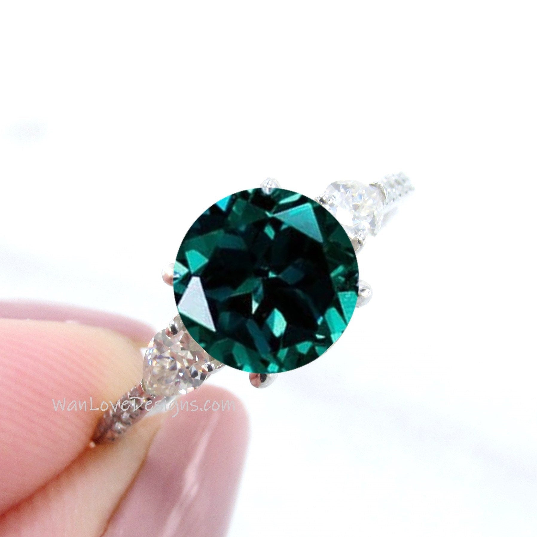 Emerald Round Pear Diamond Ring, Three Stone Moissanite Ring, Round green engagement Ring, Diamond Band Ring Wan Love Designs