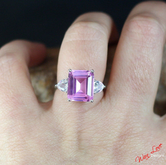 Emerald Trillion Pink White Sapphire Engagement Ring Vintage Filigree Gallery ring 8ct 3 gem stone ring Anniversary Gift Promise ring-Ready Wan Love Designs