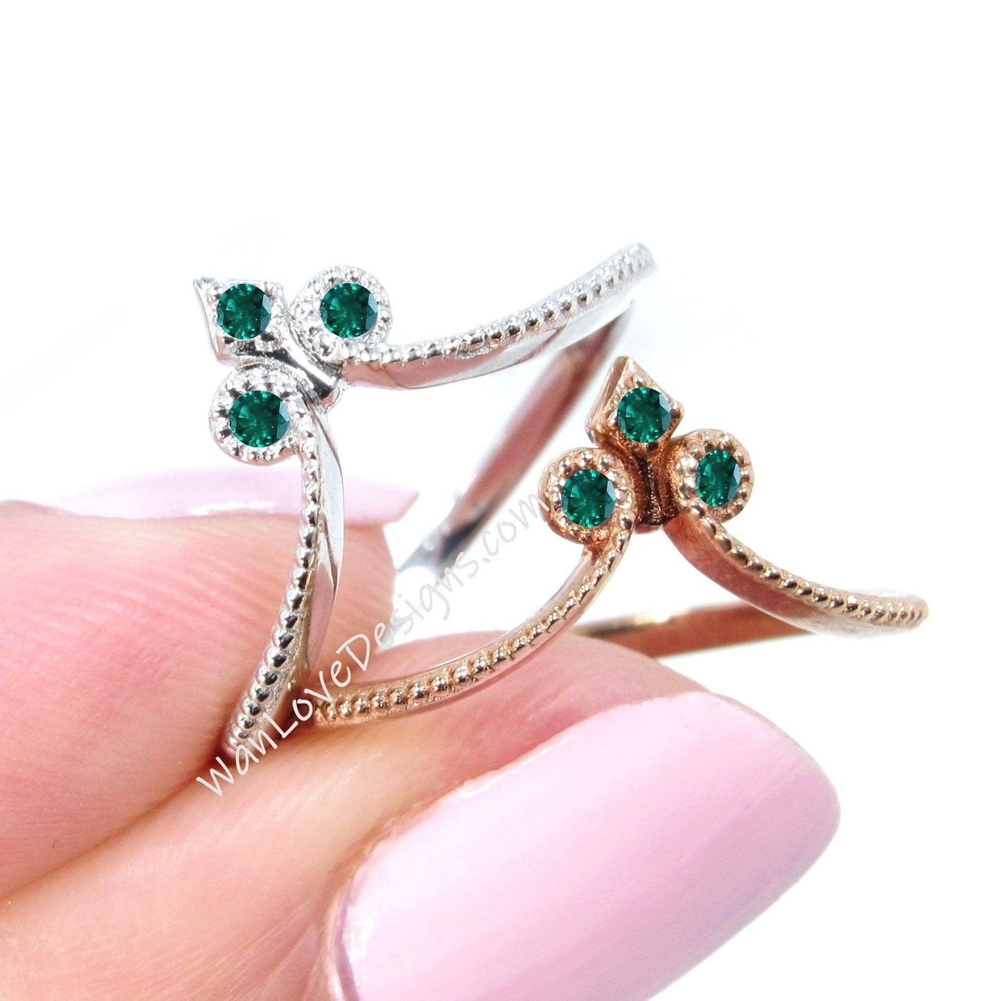 Emerald V Chevron Band / Thin Moissanite Matching Bands/ 18K Solid Gold Bridal Rings/ Milgrain Women Rings/ Minimalist Ring For Her Wan Love Designs