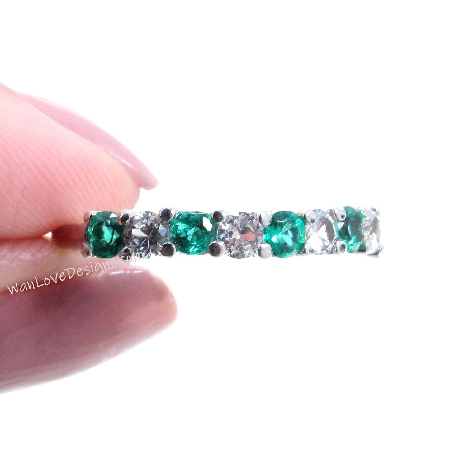 Emerald & White Sapphire 8 gem stone Wedding Band Half Eternity Round ring Emerald Stacking Engagement Ring Anniversary promise band-Ready Wan Love Designs