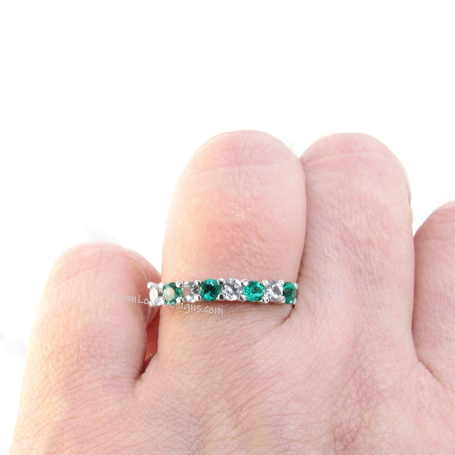 Emerald & White Sapphire 8 gem stone Wedding Band Half Eternity Round ring Emerald Stacking Engagement Ring Anniversary promise band-Ready Wan Love Designs