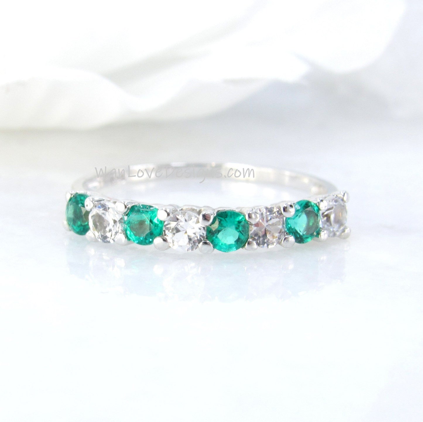 Emerald & White Sapphire 8 gem stone Wedding Band Half Eternity Round ring Emerald Stacking Engagement Ring Anniversary promise band-Ready Wan Love Designs