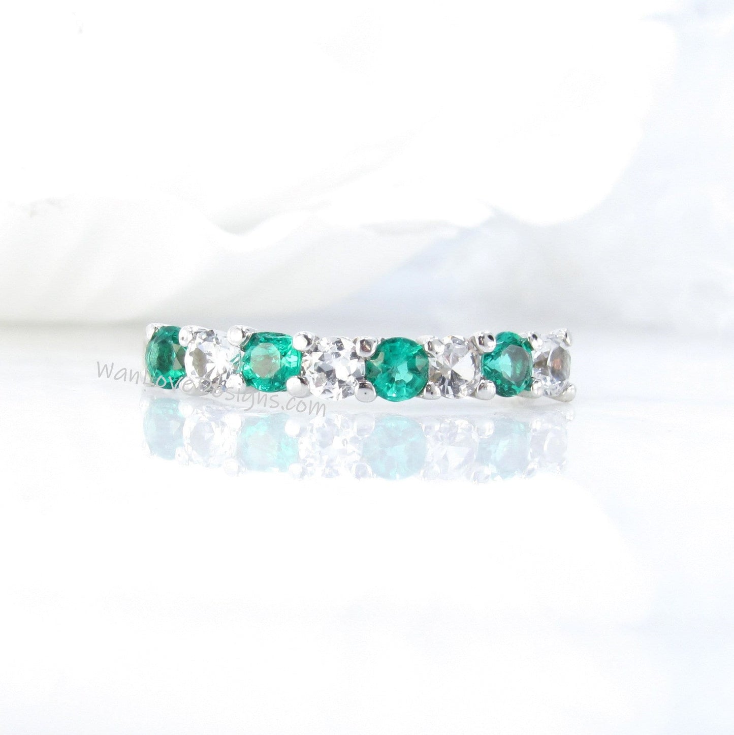 Emerald & White Sapphire 8 gem stone Wedding Band Half Eternity Round ring Emerald Stacking Engagement Ring Anniversary promise band-Ready Wan Love Designs