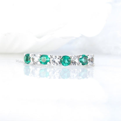 Emerald & White Sapphire 8 gem stone Wedding Band Half Eternity Round ring Emerald Stacking Engagement Ring Anniversary promise band-Ready Wan Love Designs