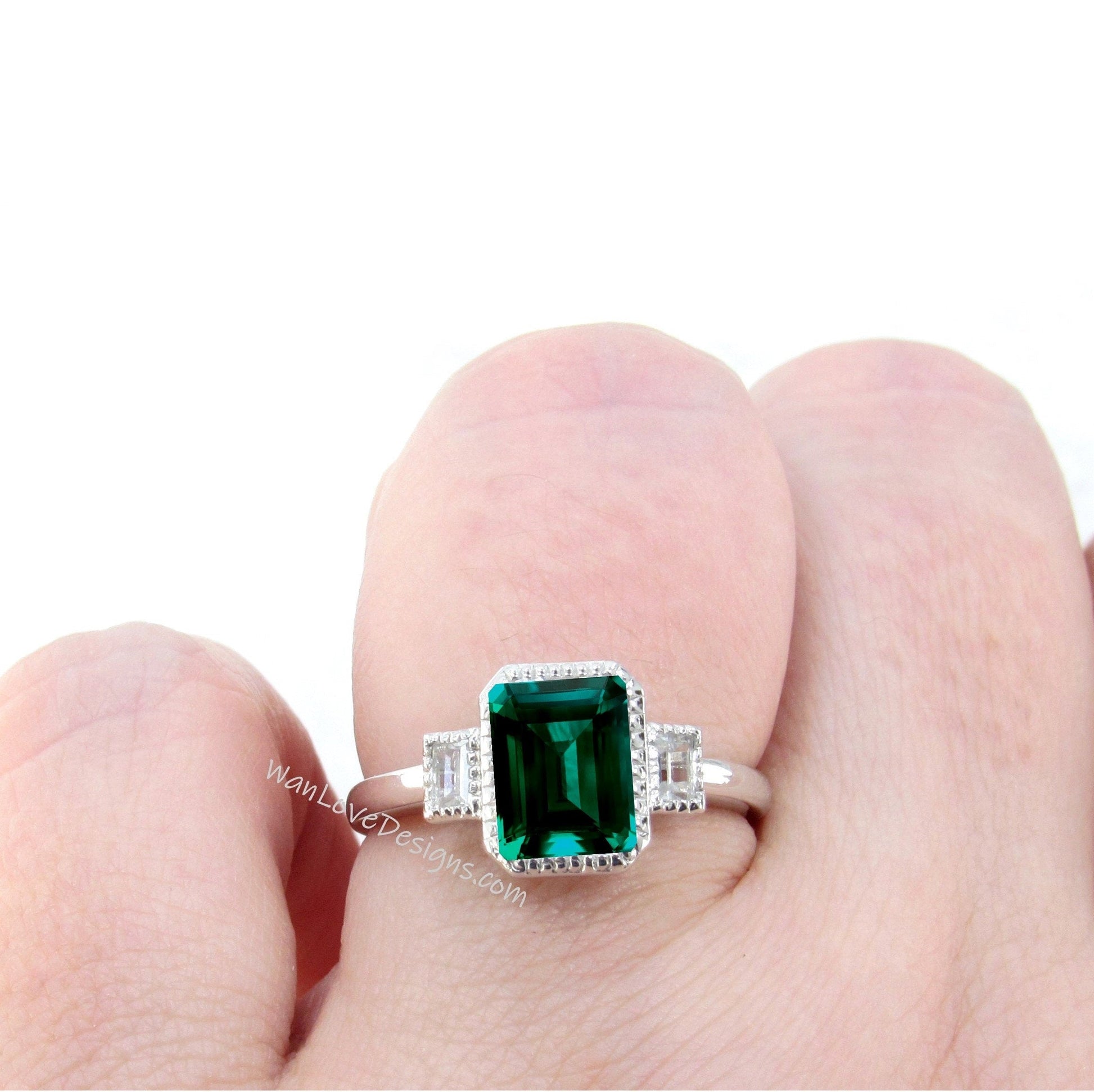 Emerald White Sapphire Engagement Ring Bezel set Baguette cut, Wedding,Anniversary Gift,14k 18k White Rose Yellow Gold, Platinum Wan Love Designs