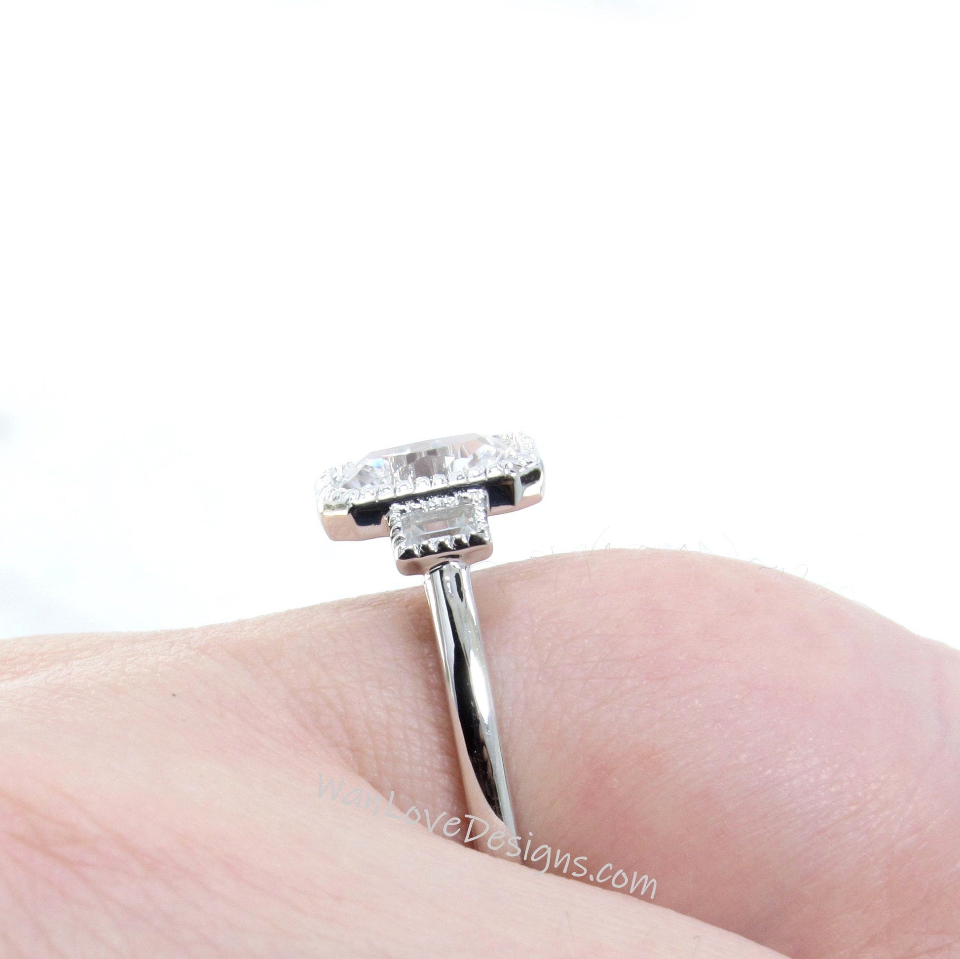 Emerald White Sapphire Engagement Ring Bezel set Baguette cut, Wedding,Anniversary Gift,14k 18k White Rose Yellow Gold, Platinum Wan Love Designs