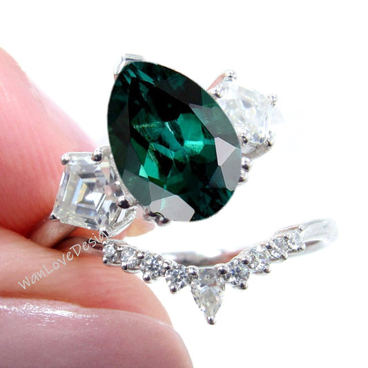 Emerald cluster pear kite engagement ring, cluster ring, moissanite ring, moissanite kite ring, unique engagement ring, Anniversary Gift Wan Love Designs