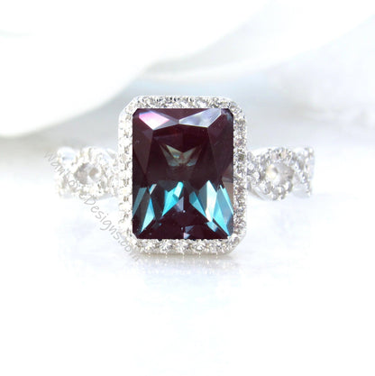 Emerald cut Alexandrite engagement ring rose gold diamond halo art deco twsited infinity band ring vintage pave ring bridal anniversary ring Wan Love Designs
