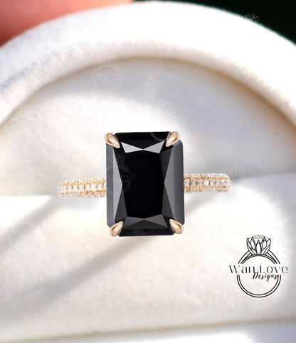 Emerald cut Black Spinel Engagement Ring Celebrity style Ring Vintage Diamonds Side Hidden Halo Wedding Ring Art Deco Anniversary Gift for her Wan Love Designs