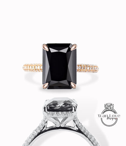 Emerald cut Black Spinel Engagement Ring Celebrity style Ring Vintage Diamonds Side Hidden Halo Wedding Ring Art Deco Anniversary Gift for her Wan Love Designs