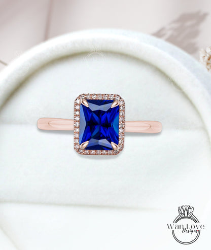 Emerald cut Blue Sapphire engagement ring rose gold halo ring diamond halo tapered plain thin dainty band art deco anniversary promise ring Wan Love Designs