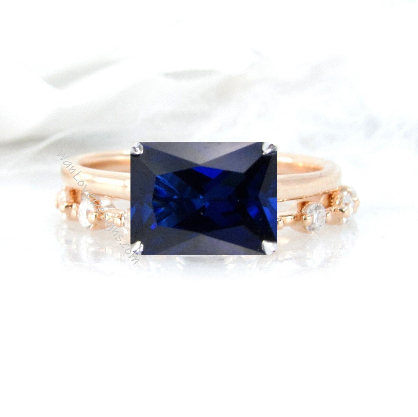 Emerald cut Blue Sapphire engagement ring vintage Unique Bridal set East West rose gold engagement ring women Diamond Station Promise gift Wan Love Designs