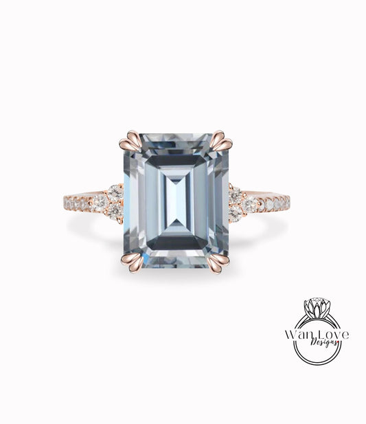 Emerald cut Grey Moissanite engagement ring vintage diamond Cluster rose gold engagement ring for women Bridal anniversary gift for her Wan Love Designs
