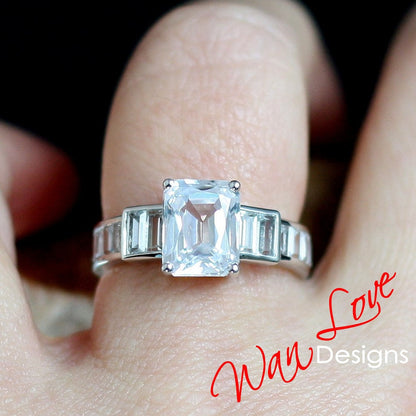 Emerald cut Moissanite Engagement Ring Moissanite Radiant Baguette ring Art Deco ring solid rose gold vintage ring Anniversary Promise ring Wan Love Designs