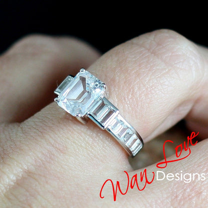 Emerald cut Moissanite Engagement Ring Moissanite Radiant Baguette ring Art Deco ring solid rose gold vintage ring Anniversary Promise ring Wan Love Designs