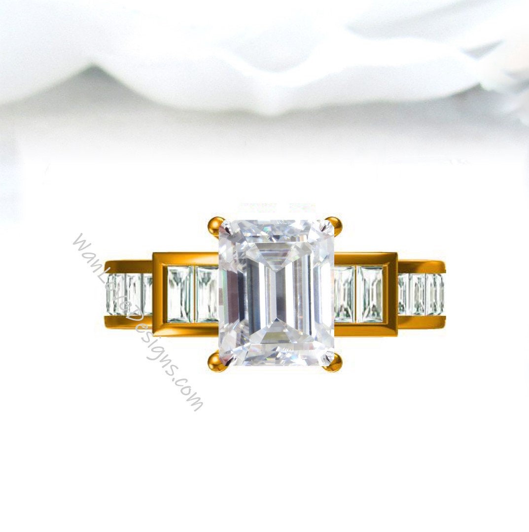 Emerald cut Moissanite Engagement Ring Moissanite Radiant Baguette ring Art Deco ring solid rose gold vintage ring Anniversary Promise ring Wan Love Designs