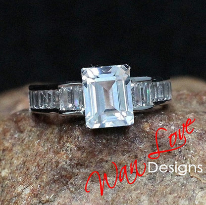 Emerald cut Moissanite Engagement Ring Moissanite Radiant Baguette ring Art Deco ring solid rose gold vintage ring Anniversary Promise ring Wan Love Designs