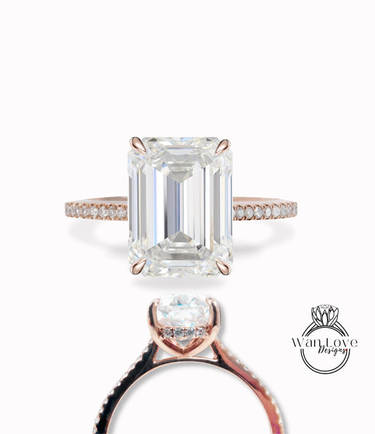 Emerald cut Moissanite diamond engagement ring side halo diamond moissanite bridal ring 3/4 almost eternity White Rose gold anniversary ring Wan Love Designs