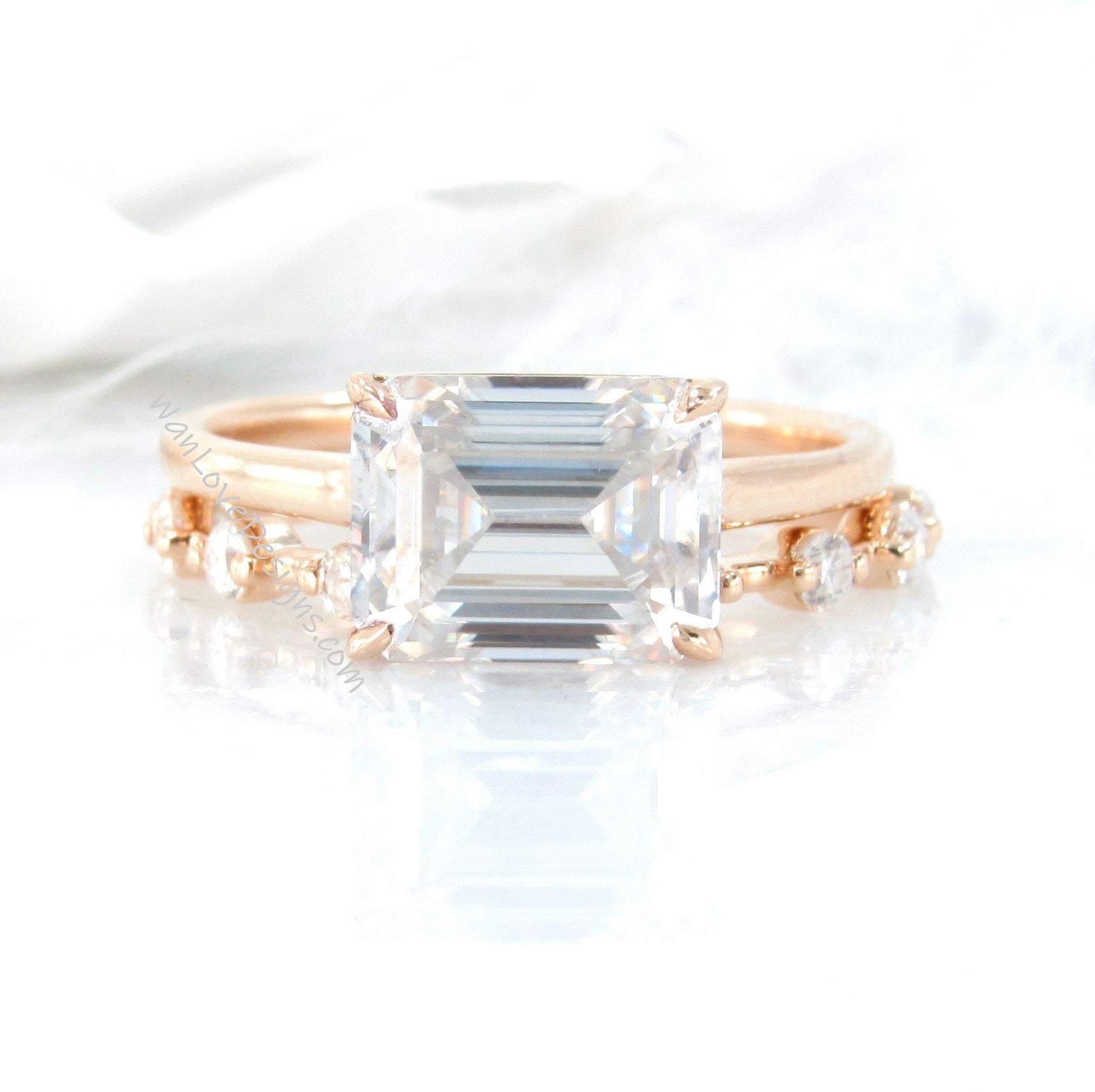 Emerald cut Moissanite engagement ring vintage Unique Bridal set East West rose gold engagement ring women Diamond Station Promise gift Wan Love Designs