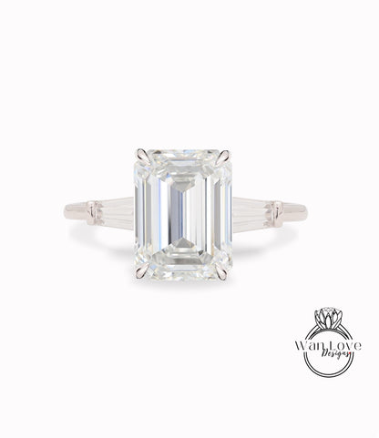 Emerald cut Moissanite engagement ring white gold Baguette cluster ring vintage Unique prong classical wedding Bridal Promise Anniversary Wan Love Designs