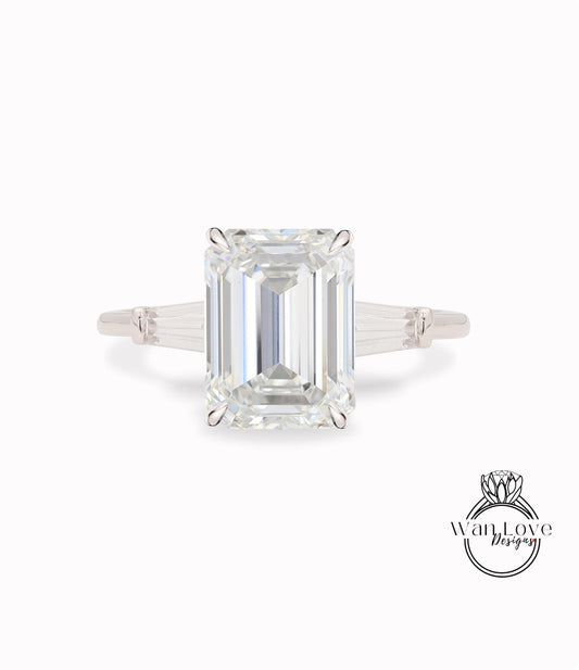 Emerald cut Moissanite engagement ring white gold Baguette cluster ring vintage Unique prong classical wedding Bridal Promise Anniversary Wan Love Designs