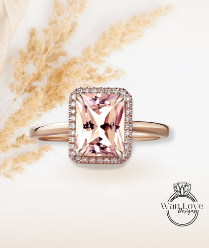 Emerald cut Peach Sapphire engagement ring rose gold halo ring diamond halo tapered plain thin dainty band art deco anniversary promise ring Wan Love Designs
