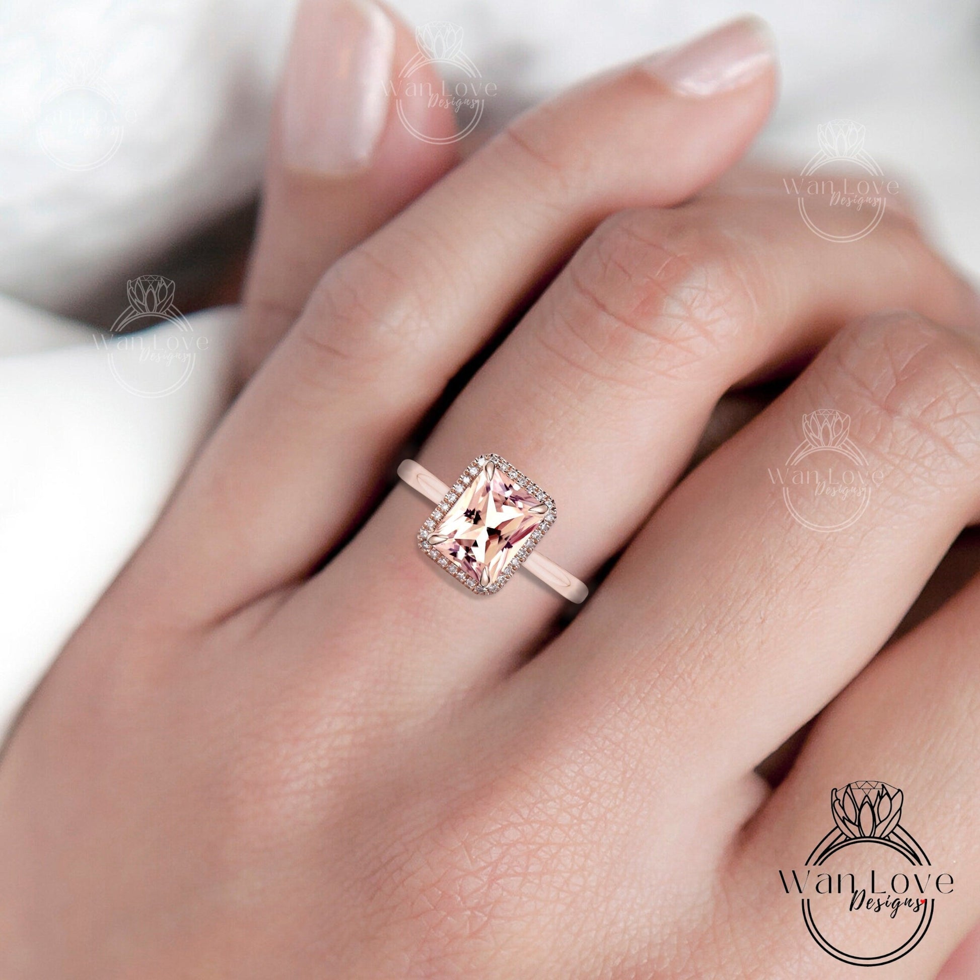 Emerald cut Peach Sapphire engagement ring rose gold halo ring diamond halo tapered plain thin dainty band art deco anniversary promise ring Wan Love Designs