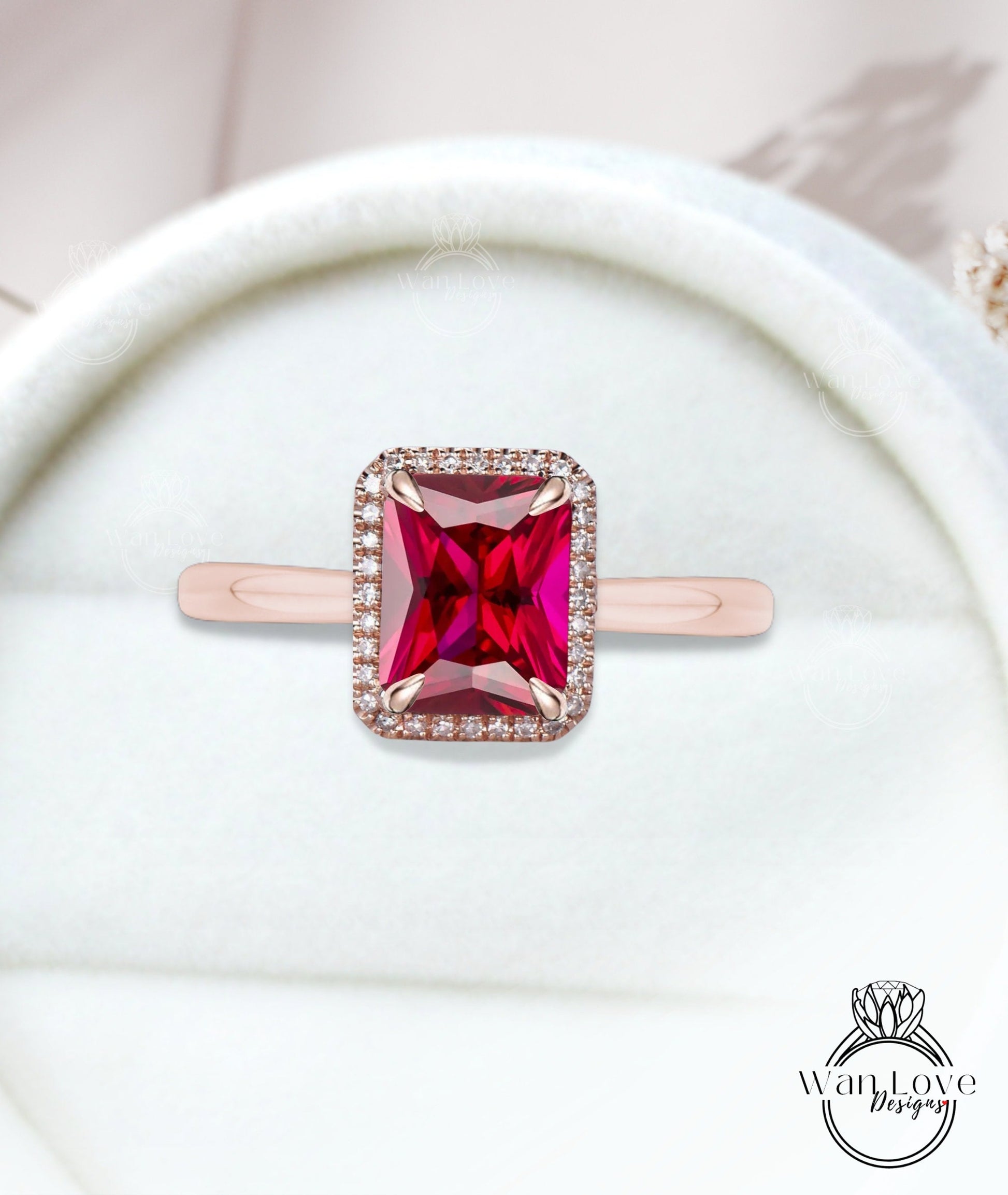 Emerald cut Ruby engagement ring rose gold halo ring diamond halo tapered plain thin dainty band art deco anniversary promise ring Wan Love Designs
