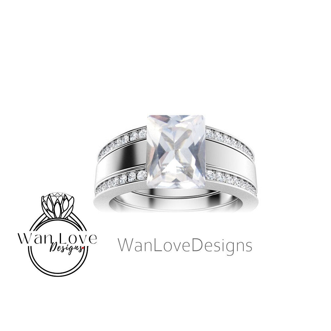 Emerald cut Sapphire and Diamond Men Ring in 14k White Gold | Blue Sapphire Ring | Mans Wedding Ring | Gifts For Him | Birthstone Mens Ring Wan Love Designs