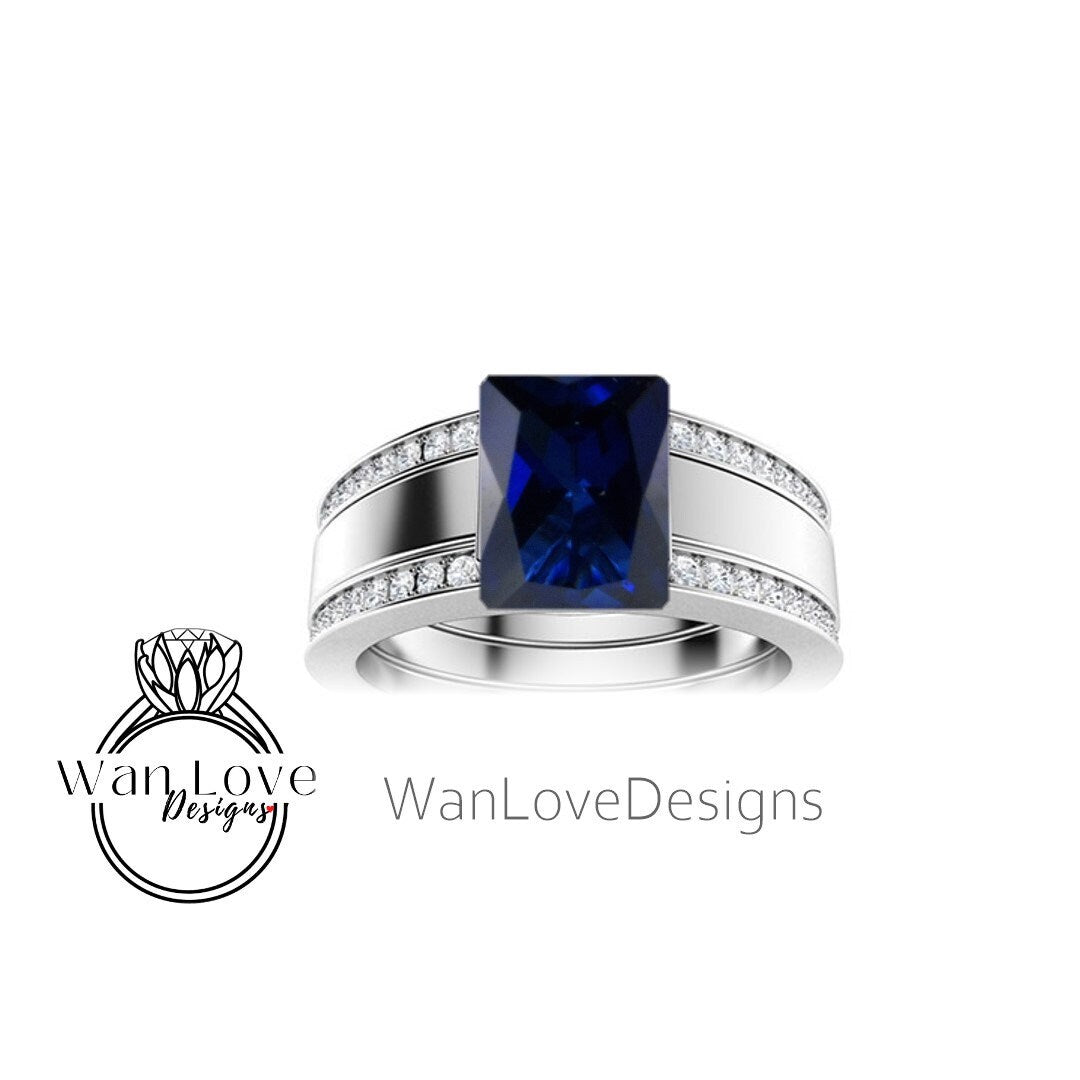 Emerald cut Sapphire and Diamond Men Ring in 14k White Gold | Blue Sapphire Ring | Mans Wedding Ring | Gifts For Him | Birthstone Mens Ring Wan Love Designs