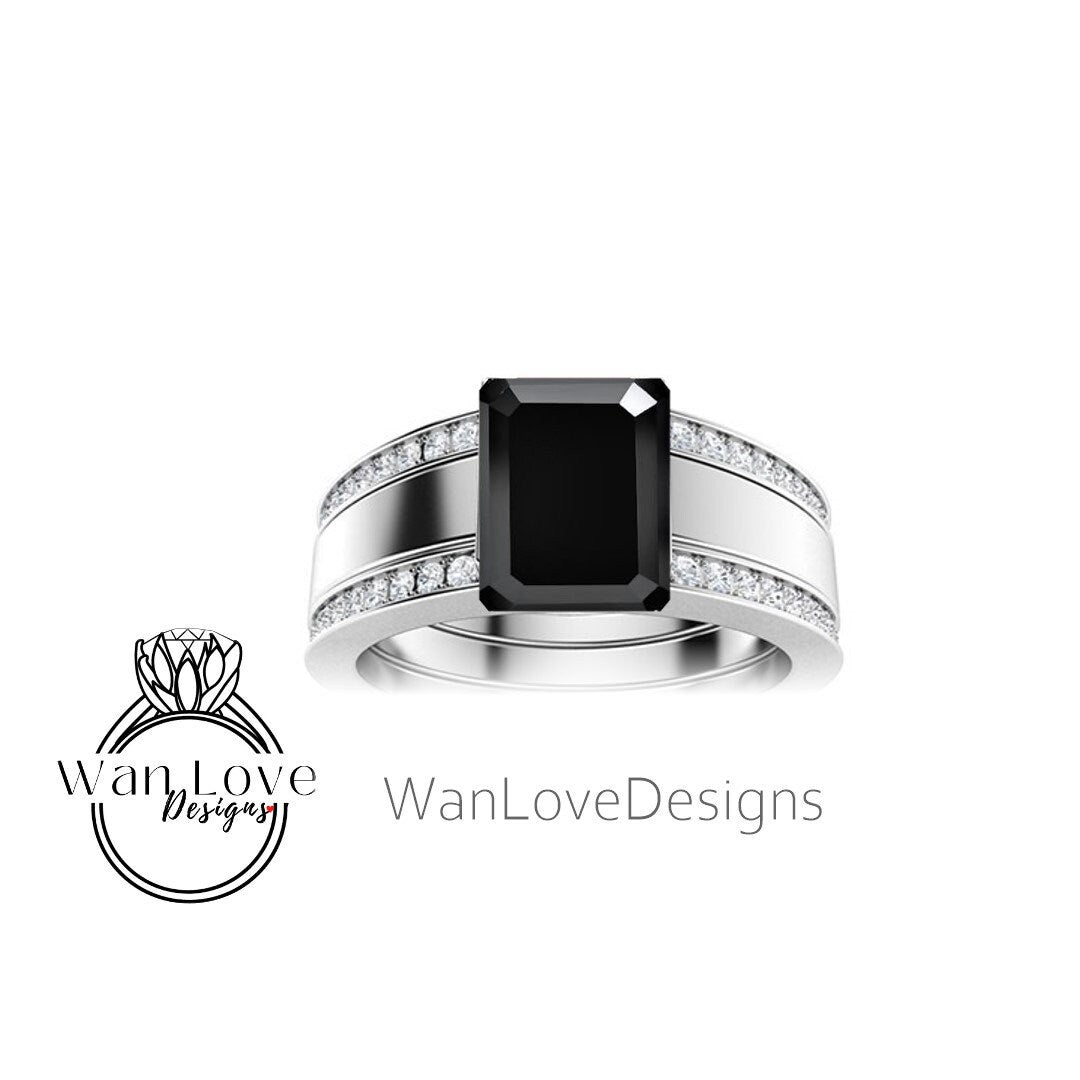 Emerald cut Sapphire and Diamond Men Ring in 14k White Gold | Blue Sapphire Ring | Mans Wedding Ring | Gifts For Him | Birthstone Mens Ring Wan Love Designs