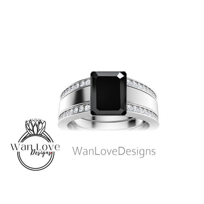 Emerald cut Sapphire and Diamond Men Ring in 14k White Gold | Blue Sapphire Ring | Mans Wedding Ring | Gifts For Him | Birthstone Mens Ring Wan Love Designs