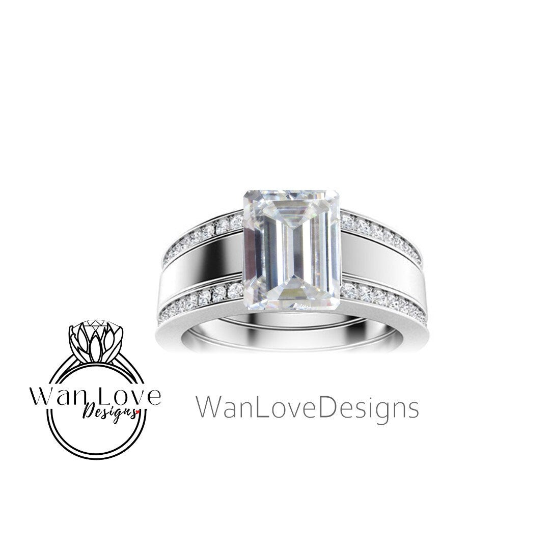 Emerald cut Sapphire and Diamond Men Ring in 14k White Gold | Blue Sapphire Ring | Mans Wedding Ring | Gifts For Him | Birthstone Mens Ring Wan Love Designs