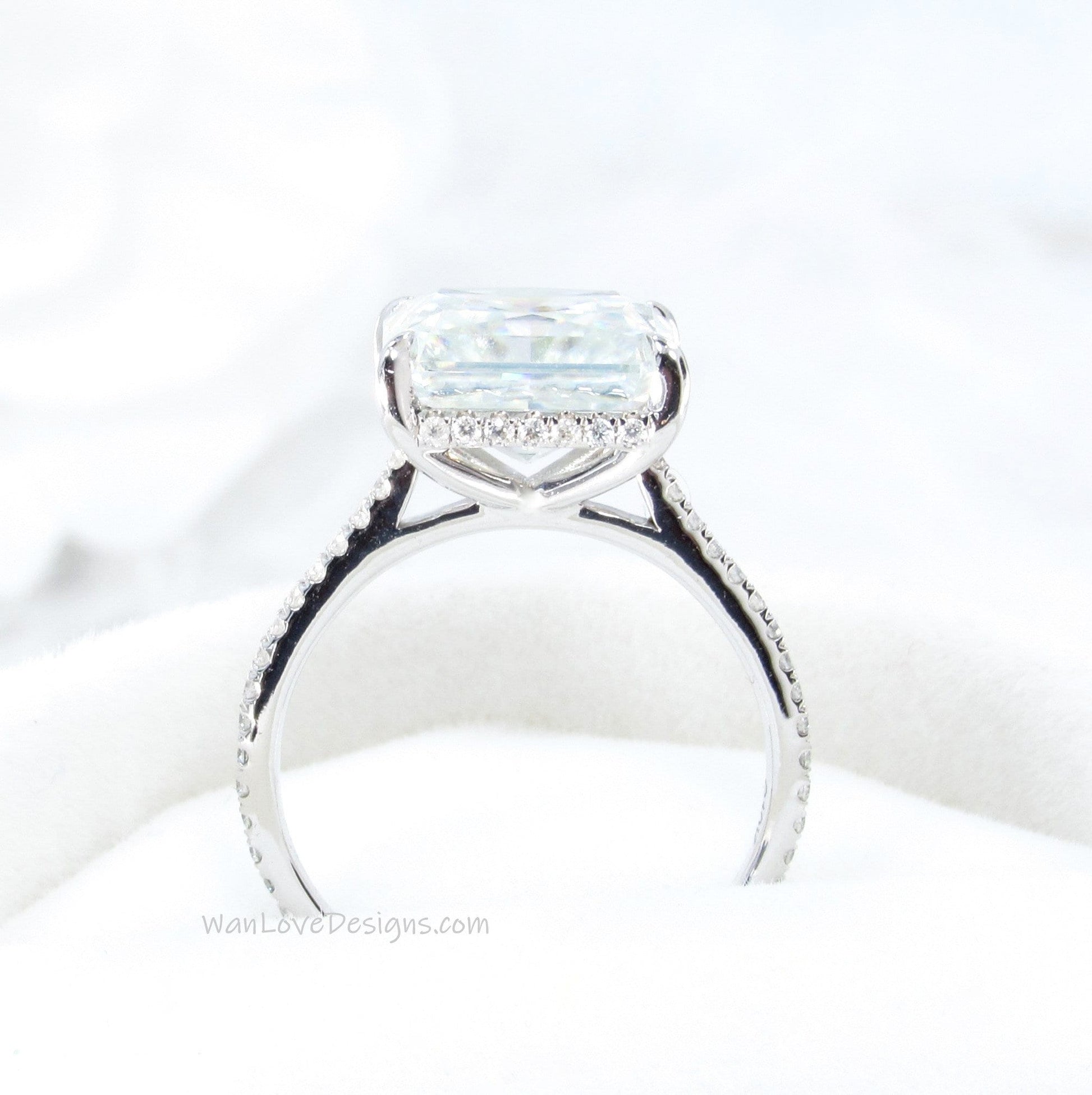 Emerald cut White Sapphire engagement ring gold Unique east west Halo engagement ring women almost eternity diamond wedding Anniversary gift Wan Love Designs