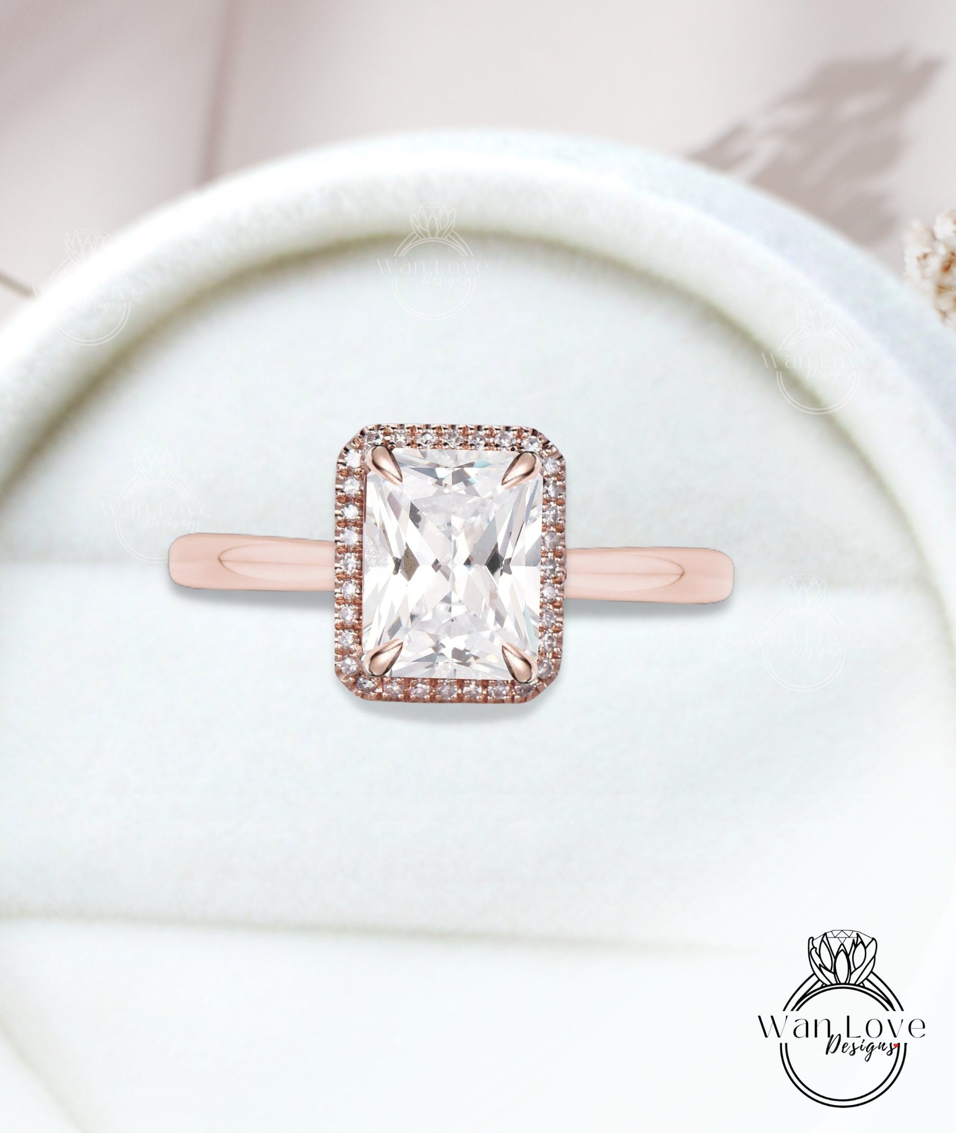 Emerald cut White Sapphire engagement ring rose gold halo ring diamond halo tapered plain thin dainty band art deco anniversary promise ring Wan Love Designs