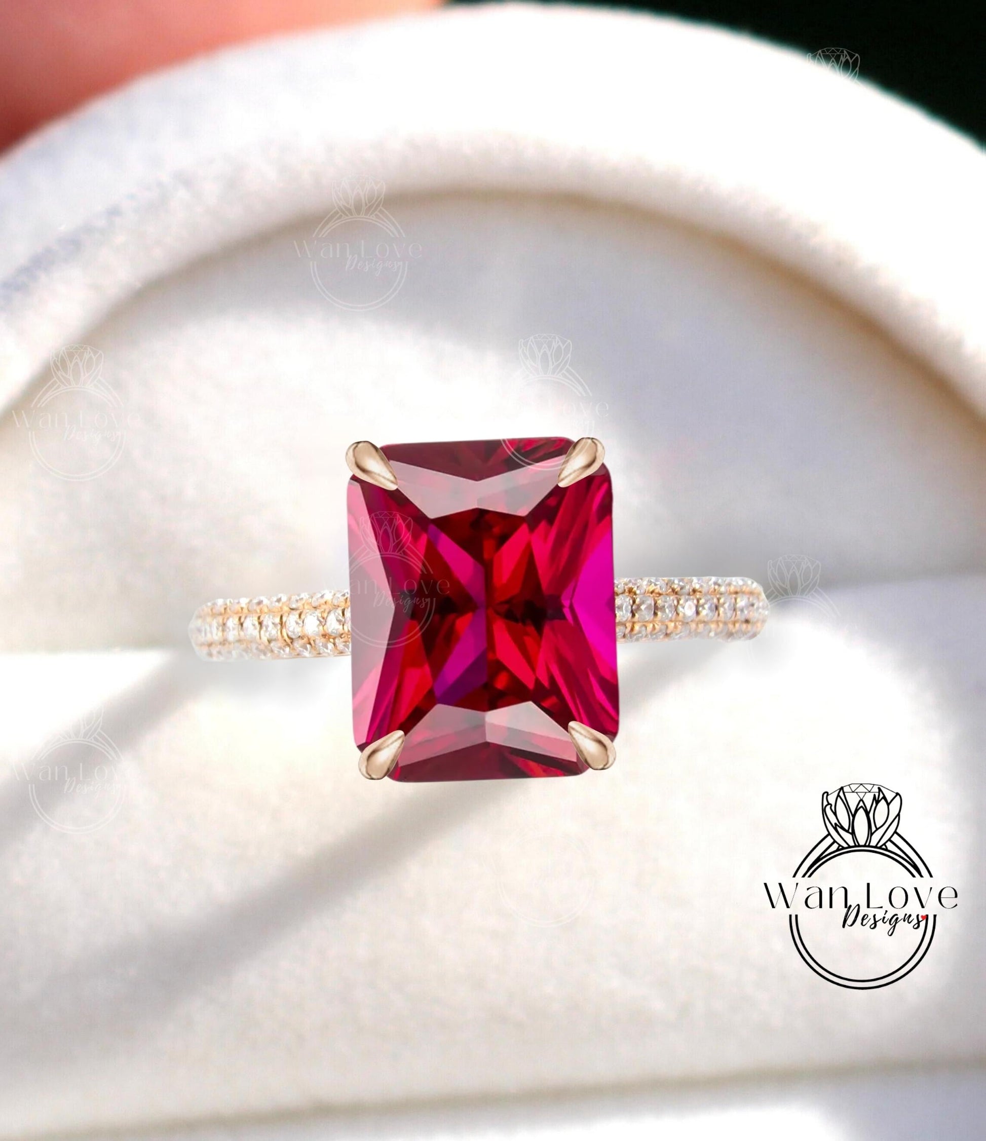 Emerald cut ruby engagement ring side halo ring vintage diamond ring moissanite ring rose gold ring art deco ring promise ring anniversary ring Wan Love Designs