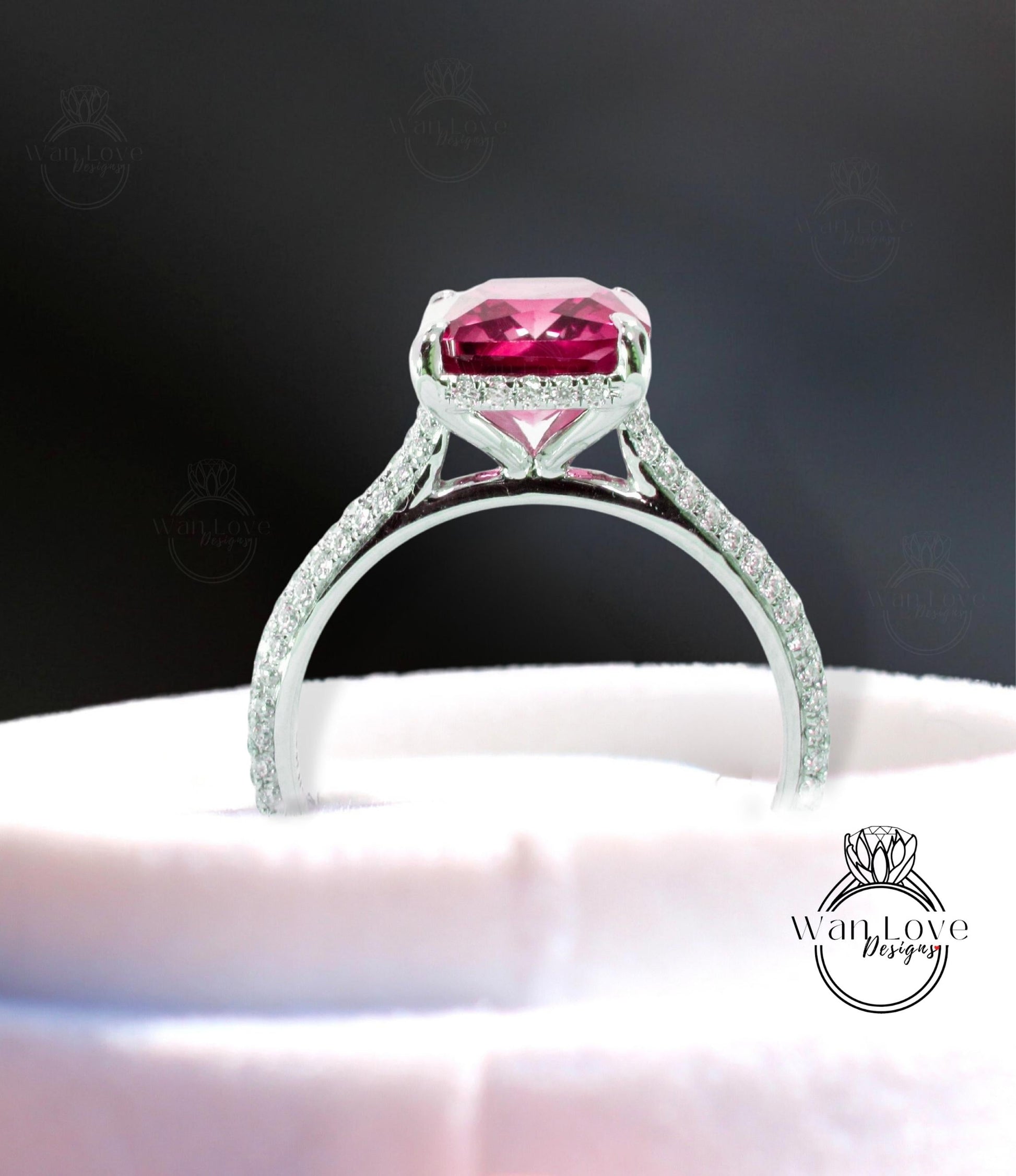 Emerald cut ruby engagement ring side halo ring vintage diamond ring moissanite ring rose gold ring art deco ring promise ring anniversary ring Wan Love Designs