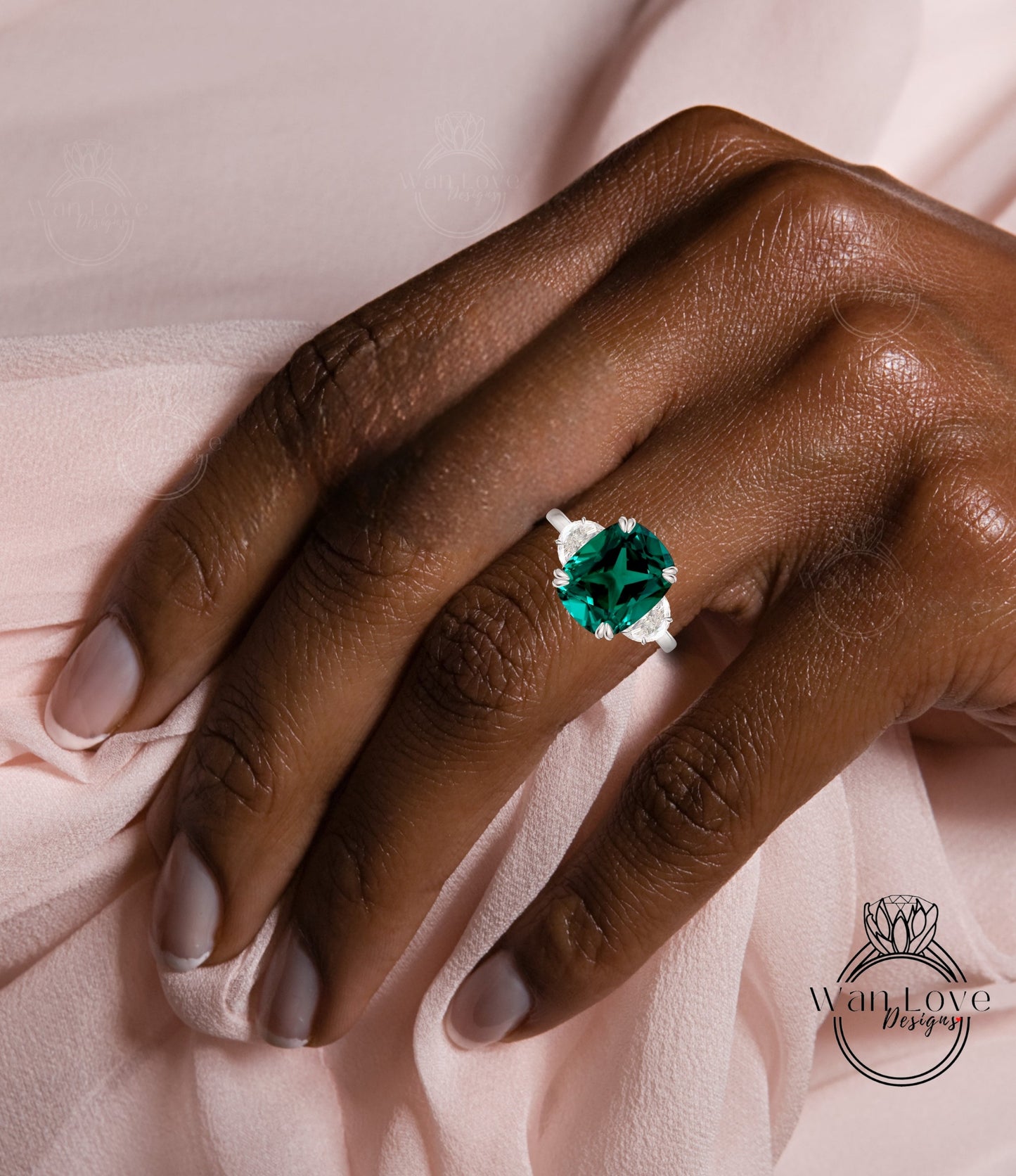 Emerald engagement ring cushion cut half moon Moissanite diamond rose gold art deco diamond three stone ring wedding Bridal Anniversary Wan Love Designs