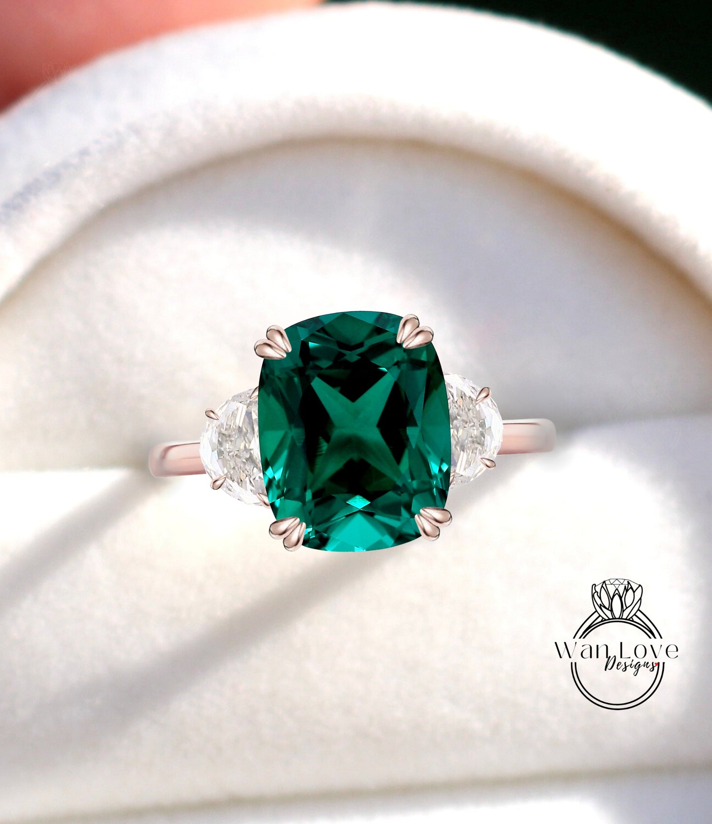 Emerald engagement ring cushion cut half moon Moissanite diamond rose gold art deco diamond three stone ring wedding Bridal Anniversary Wan Love Designs