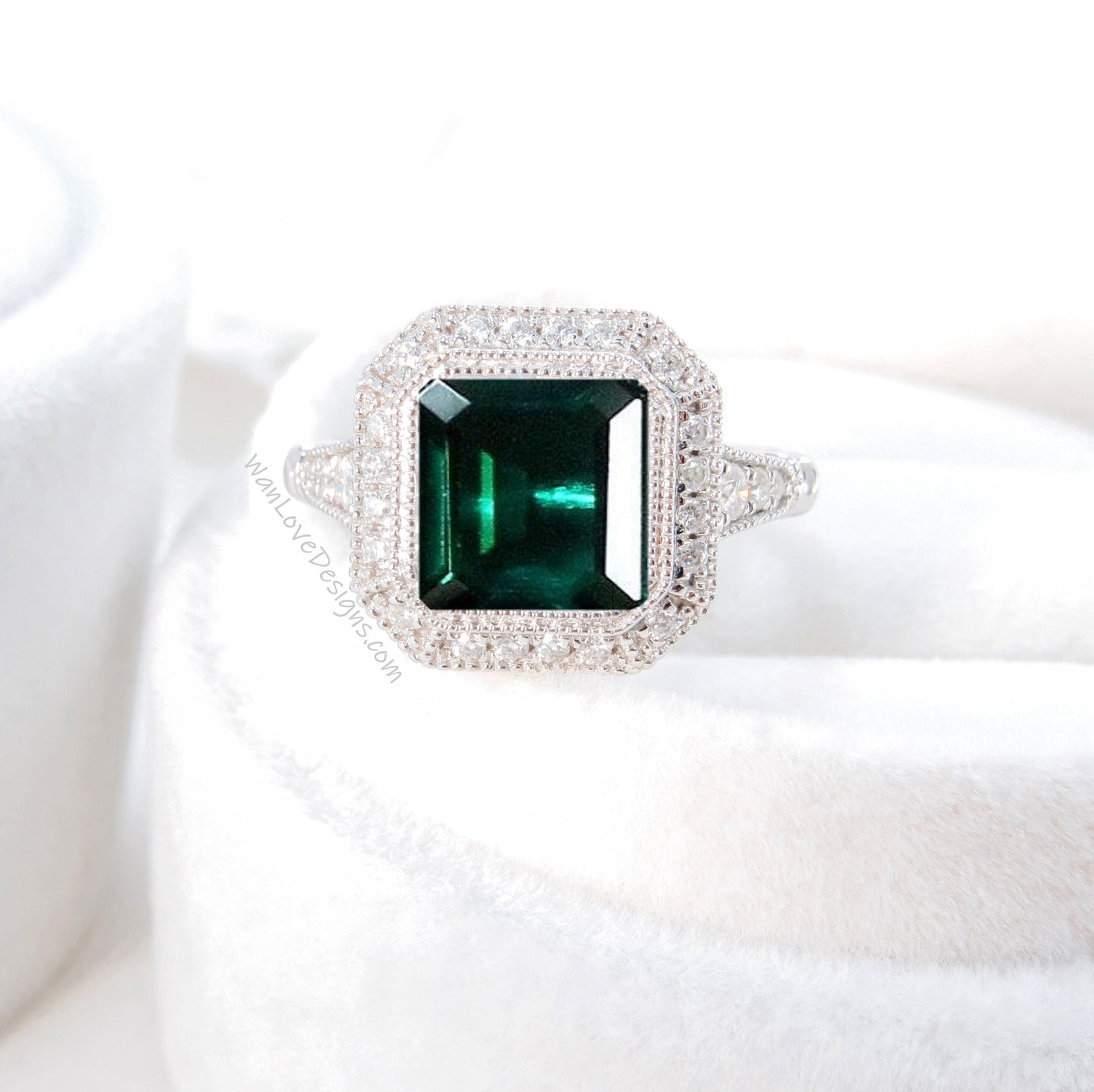 Emerald engagement ring gold vintage Art Deco Bezel Halo engagement ring women Antique diamond Wedding Milgrain Bridal Anniversary gift Wan Love Designs
