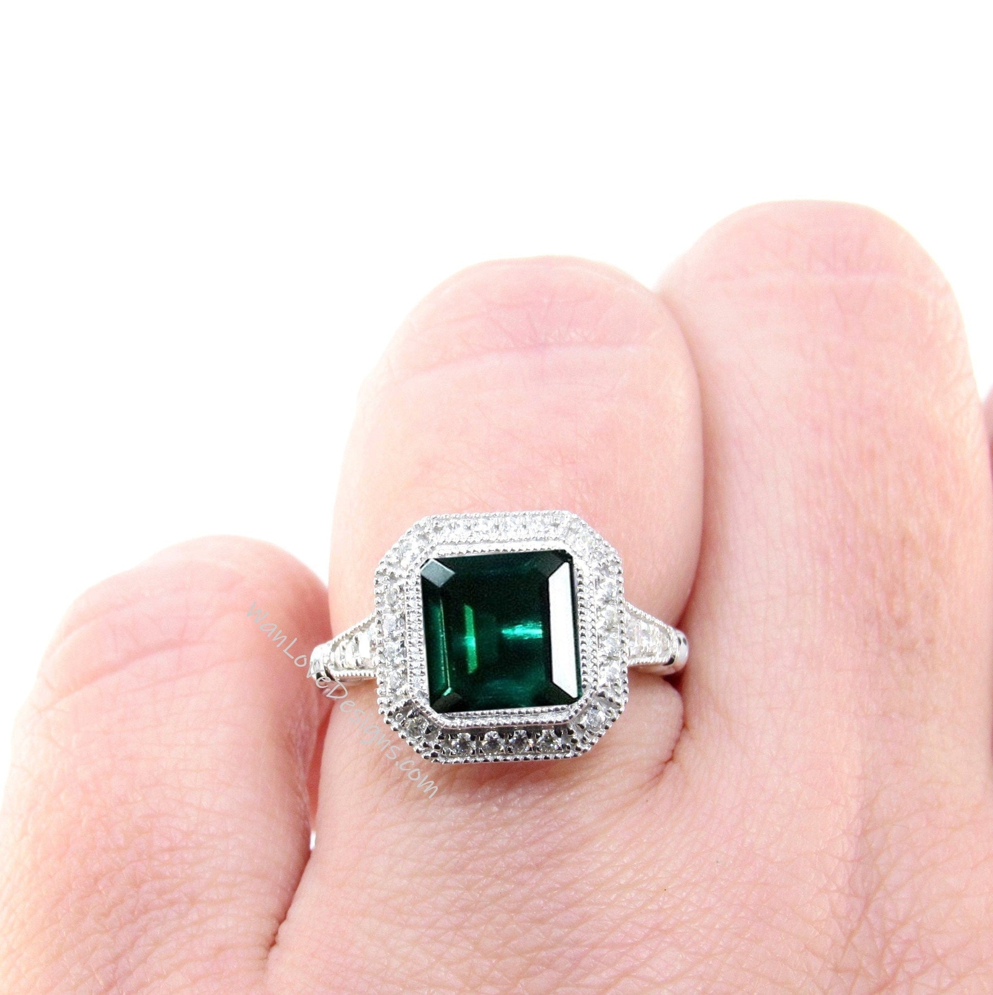 Emerald engagement ring gold vintage Art Deco Bezel Halo engagement ring women Antique diamond Wedding Milgrain Bridal Anniversary gift Wan Love Designs