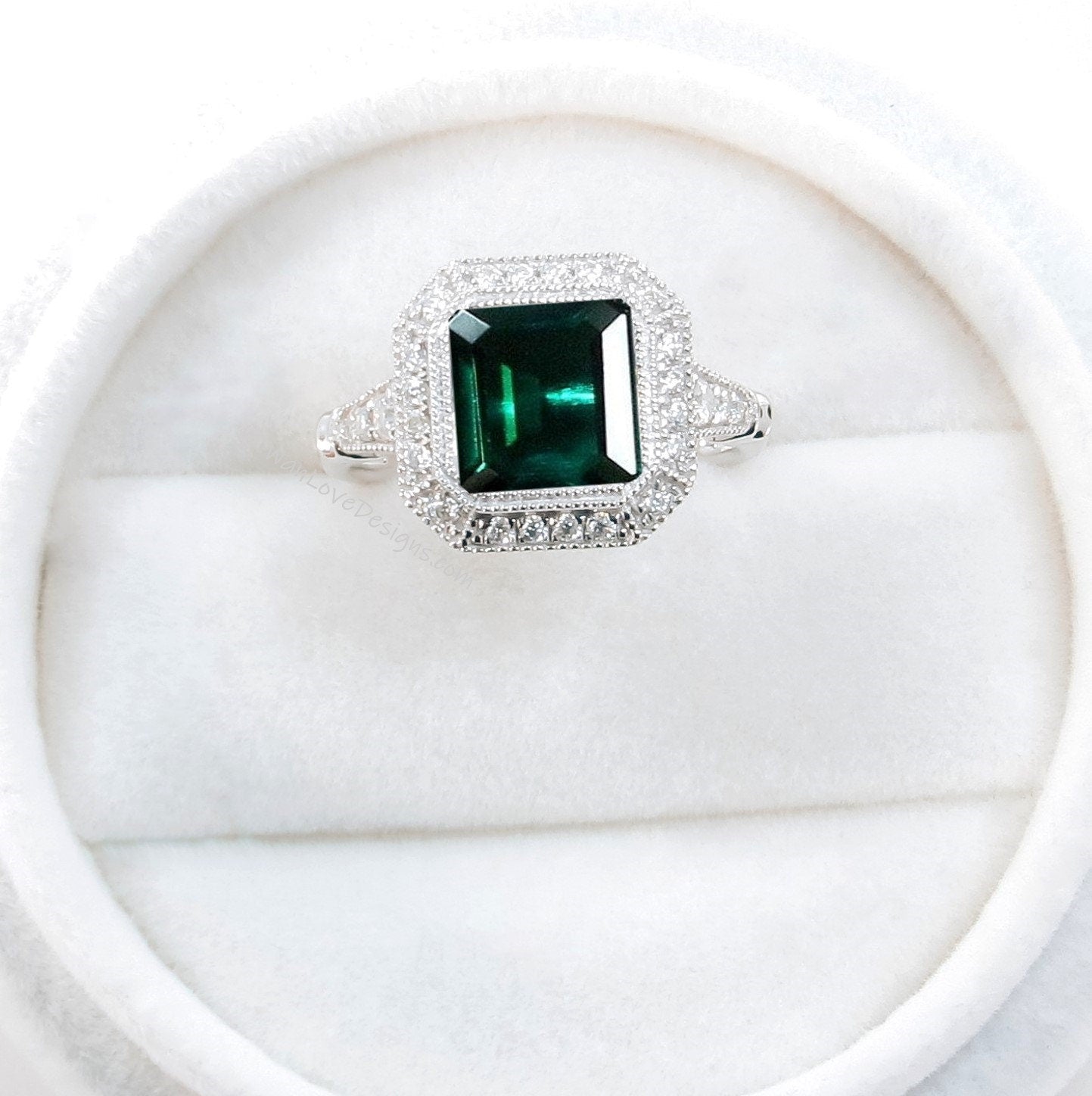 Emerald engagement ring gold vintage Art Deco Bezel Halo engagement ring women Antique diamond Wedding Milgrain Bridal Anniversary gift Wan Love Designs