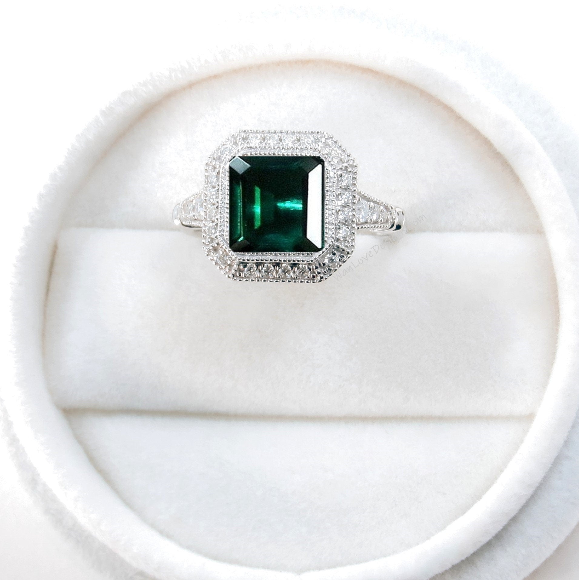 Emerald engagement ring gold vintage Art Deco Bezel Halo engagement ring women Antique diamond Wedding Milgrain Bridal Anniversary gift Wan Love Designs