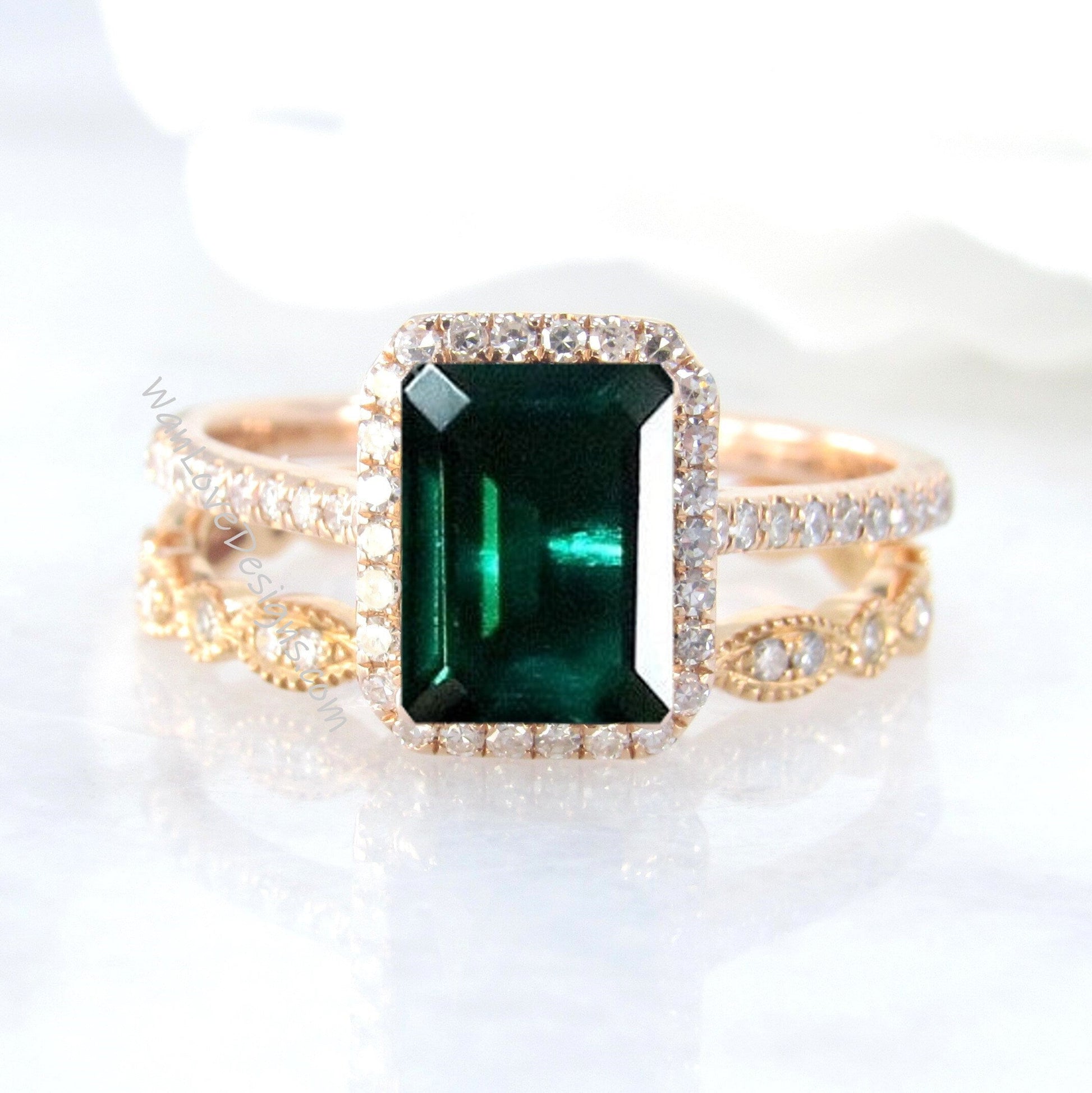 Emerald engagement ring set rose gold Vintage engagement ring set Antique Diamond Eternity wedding Women Bridal Anniversary gift for her Wan Love Designs